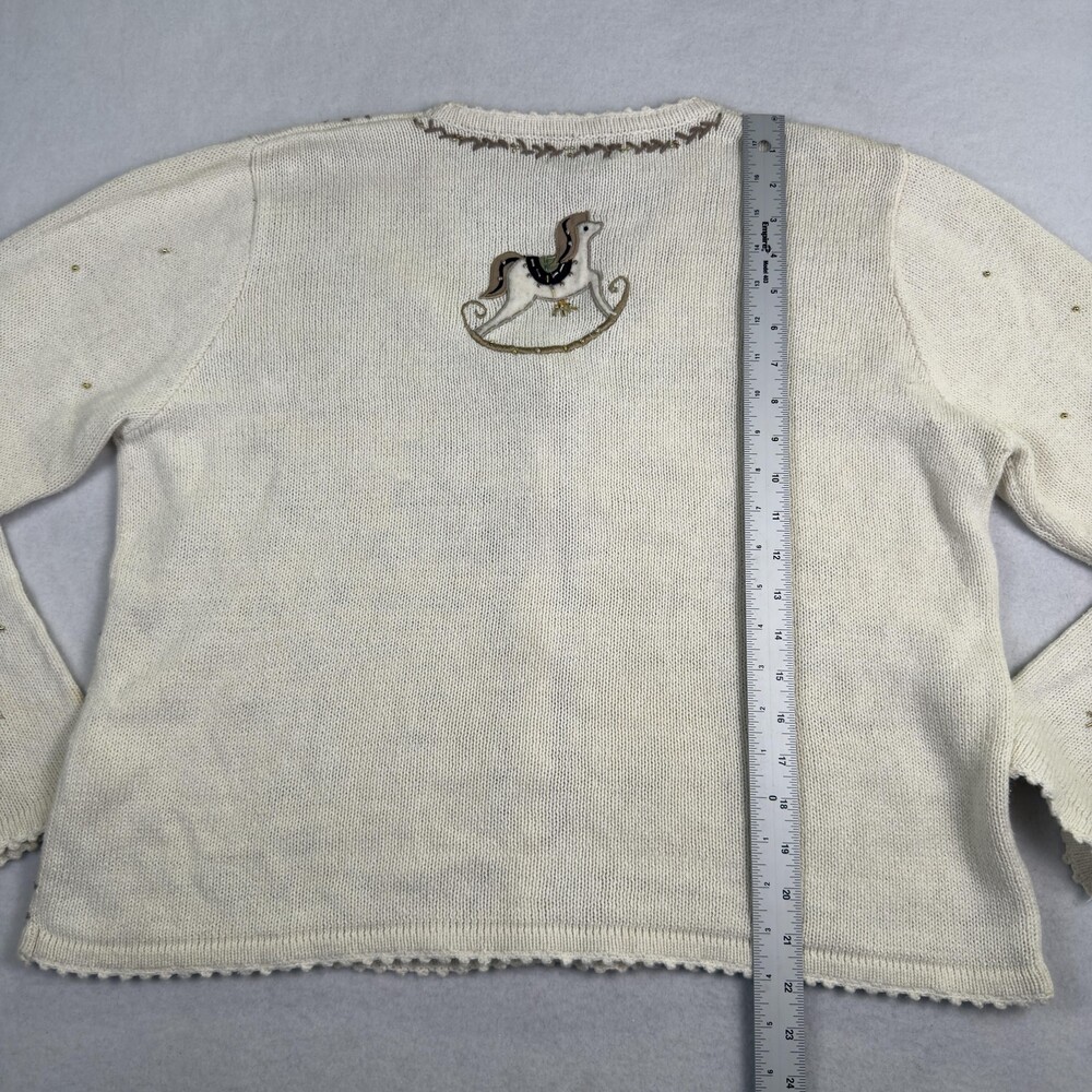 Vintage Christmas Cardigan Hand Embroidered Beaded Rocking Horse Snowman Size L - Picture 8 of 15